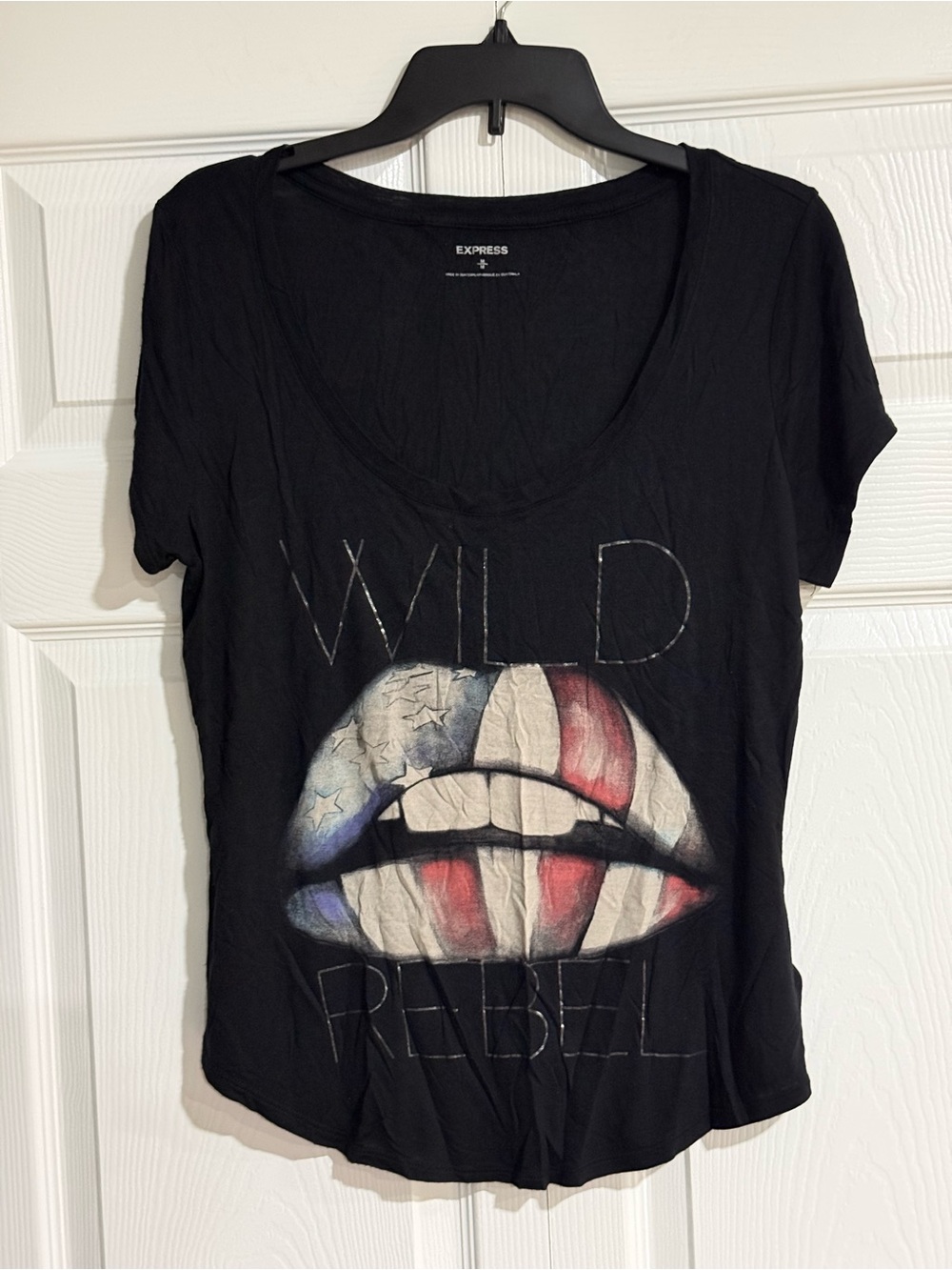 Express Black V-Neck 'Wild Rebel' Graphic Tee with Flag Lips